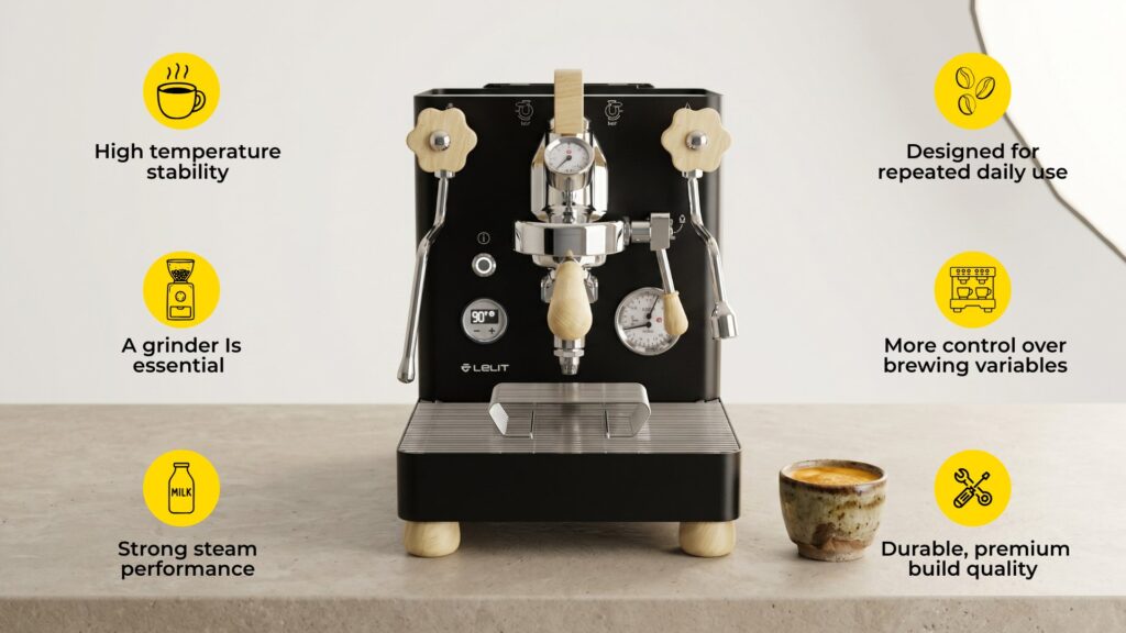Lelit Bianca V3 PL162T is a premium dual-boiler espresso machine designed for users who want total control, absolute thermal stability, and deep involvement in the brewing process. It sits at the absolute high end of the home espresso category, offering advanced settings that let you manipulate flavor profiles like a professional.
