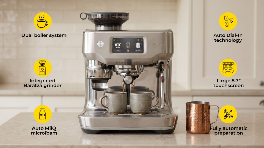 Sage the Oracle Dual Boiler SES995BSS is an espresso machine designed for coffee lovers who want café-quality drinks at home without the hassle. It does the hard work for you by automatically grinding, dosing, tamping, and texturing milk, all guided by a large, easy-to-use touchscreen. Whether you want to press a single button and let the machine do everything, or step in and take manual control, it offers a seamless, premium, and mess-free coffee experience.