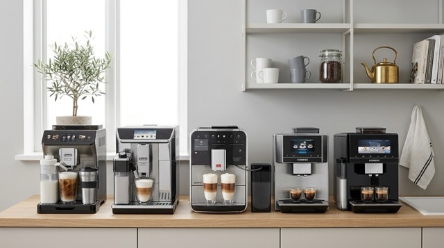 Smart bean-to-cup machines in modern household kitchen.